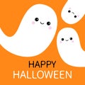 Three flying ghost spirit set. Happy Halloween. Scary white ghosts family. Cute cartoon spooky character. Smiling face. Orange bac Royalty Free Stock Photo