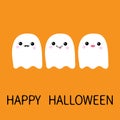 Three flying ghost spirit set showing tongue, moustaches, lips. Boo. Happy Halloween. Scary white ghosts. Cute cartoon spooky char Royalty Free Stock Photo