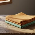 Three folded fabrics in hues of rust, sage, and mustard rest on a rustic wooden table. Royalty Free Stock Photo