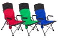 Three folding chairs with a back, red and blue and green, for camping or for fishing, stand nearby, on a white background, concept