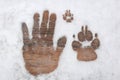 Three footprints on the snow represent friendship between human and dogs.