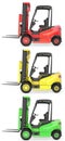 Three fork lift trucks colored as traffic lights