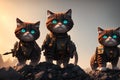Three formidable and elite cats in full tactical gear on a mission in a city of ruins, AI generated