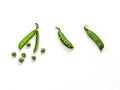 Three forms of green pea fruit: whole pod, open pod and seeds healed from the pod. The concept of natural food, vegetables close-