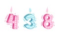 Three, four, eight birthday candles set. Anniversary party candle cartoon vector illustration Royalty Free Stock Photo