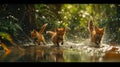 Three foxes running through a stream of water in the forest, AI