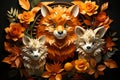 three foxes surrounded by flowers on a black background