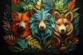 three foxes surrounded by leaves on a black background