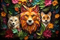 three foxes and a wolf surrounded by flowers on a black background Royalty Free Stock Photo