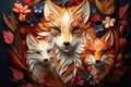three foxes in a wreath of flowers on a dark background