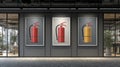 Three Framed Fire Extinguishers On A Gray Wall In A Modern Office Royalty Free Stock Photo