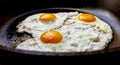 Three free range fried eggs in a hot non stick frying pan Royalty Free Stock Photo