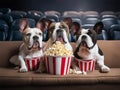 Three French bulldog with popcorn watching a movie in cinema. Generate Ai