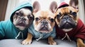 three french bulldogs wearing colored hoodies looking at camera, generative ai