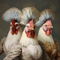 Three French Hens. Hens dressed in vintage clothing.