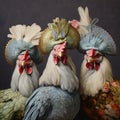 Three French Hens. Hens dressed in vintage clothing.