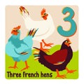 Three French hens. Twelve days of Christmas. Vector illustration