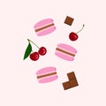 three french macarons on pink background. Colorful macarons with cherries and chocolate