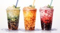 three fresh boba cocktails in glasses on a white background,watercolor style Royalty Free Stock Photo