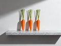 Three Fresh Carrots Standing Upright on a White Marble Shelf with Dramatic Shadow AI-GENERATED Royalty Free Stock Photo