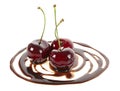 Three fresh cherries in chocolate puddle isolated on white background. Melted chocolate and cherries Royalty Free Stock Photo