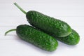 Three fresh cucumbers on light wooden boards Royalty Free Stock Photo