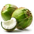 Three fresh green coconuts, one cut in half, displayed on white background Royalty Free Stock Photo