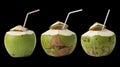 Three fresh green coconuts with straws on a black background, transparent background, ai-generated Royalty Free Stock Photo