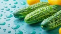 Three fresh green cucumbers and yellow tomatoes with water drops on blue background Royalty Free Stock Photo