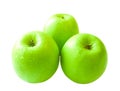 Three fresh green granny smith apples isolated on white Royalty Free Stock Photo