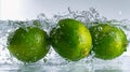 Three fresh green limes splashing into clear water with bubbles and droplets creating a dynamic and refreshing aquatic scene on a Royalty Free Stock Photo