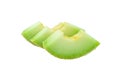 Three fresh green Melon fruit slice seedless prepare to eat white background with clipping path. vegetarian food for good health Royalty Free Stock Photo