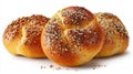 Three fresh kaiser rolls with seeds isolated on white background Royalty Free Stock Photo