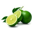 three limes with leaves on a green background the third one is cut in half,on transparent background,generated with AI Royalty Free Stock Photo