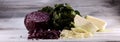 Three fresh organic cabbage heads. Antioxidant balanced diet eating with fresh red cabbage, white cabbage and savoy