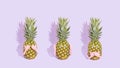 Three fresh pineapples like three wise monkeys. Concept of see no evil, hear no evil and speak no evil. Summer fruit on pastel Royalty Free Stock Photo