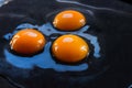 Three fresh raw chicken egg yolks spilled on a dark pan Royalty Free Stock Photo