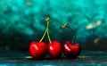 Three Fresh ripe cherries  close up pover green back Royalty Free Stock Photo