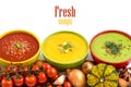 Three fresh soups and vegetables Royalty Free Stock Photo