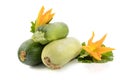 Three fresh zucchini with green leaves and flower isolated on a white background Royalty Free Stock Photo