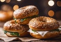 Three freshly baked sesame bagels topped with melted cheese, AI-generated.