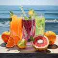 Three freshly squeezed juices on a table on the beach 1