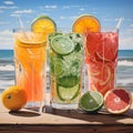 Three freshly squeezed juices on a table on the beach 2