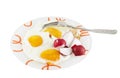 Three fried eggs with fresh red radish on the plate Royalty Free Stock Photo