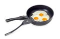 Three fried eggs in the frying pan and spatula Royalty Free Stock Photo