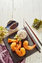 Three fried Japanese tempura shrimp tails