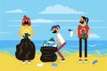 Three friend are cleaning up the beach from plastic waste on sunny day