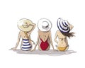Three friends on the beach. Young women sitting together on the beach, back view vector illustration Royalty Free Stock Photo