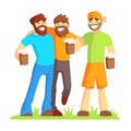 Three Friends With Bushy Beards Drinking Beer Outdoors, Part Of Male Friendship Series Of Illustrations.