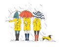 Three friends with a dog walking in the rain withumbrellas vector illustration